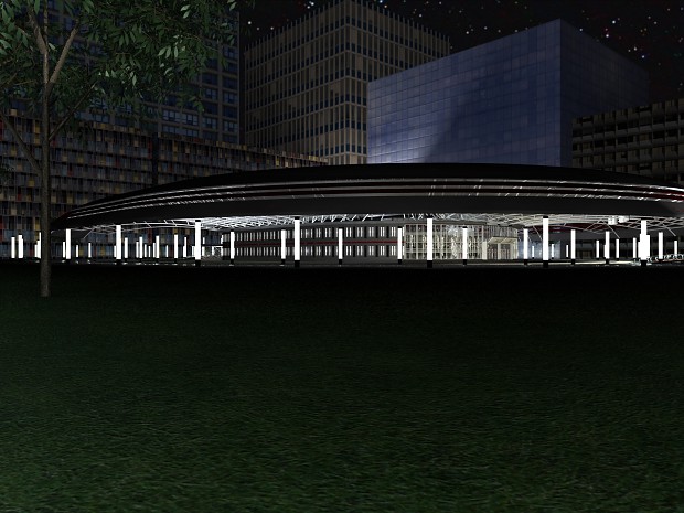 Side View of The Hughes Geist R & D Facility Night