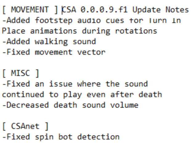 CSA 0.0.0.9.f1 Fix Update | Movement Changes, CSAnet fix and bug fix