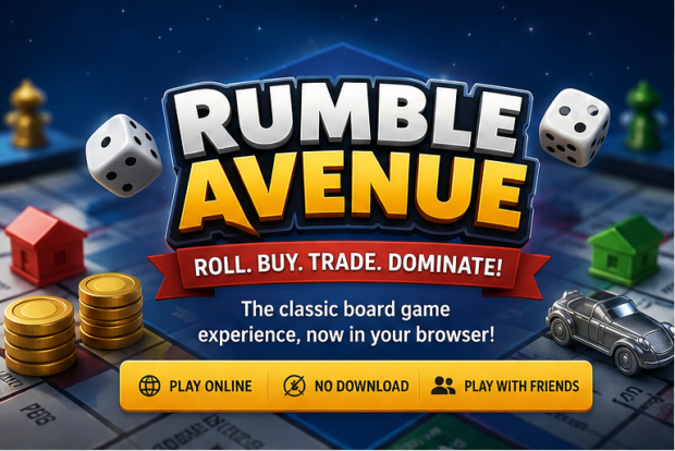 Rumble Avenue is a free, no-download browser board game packed with dice rolls, property buying, tra