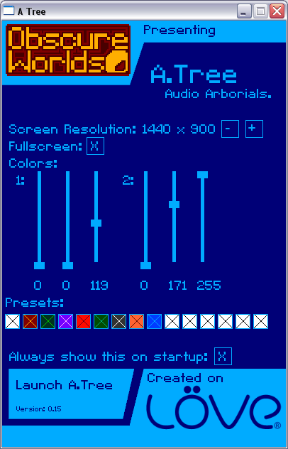 The AudioTree startup menu