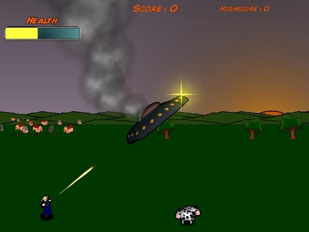 A farmer shooting at the UFO