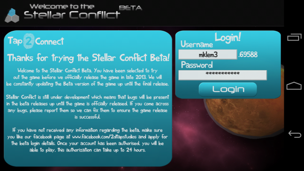 Stellar Conflict Login Screen