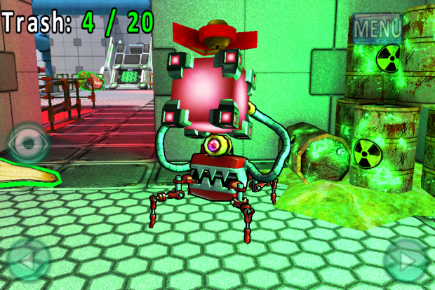 Maze and Trash-bot holding red energy cube