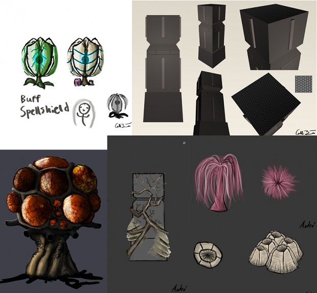 Early concept art for various objects