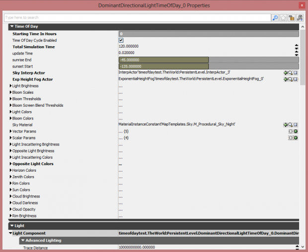 Settings for the UDK Time of Day Cycle Light