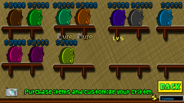 Purchase items and customize your critter!