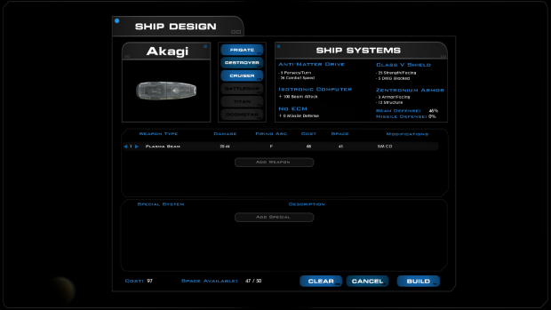 Ship Designer screen