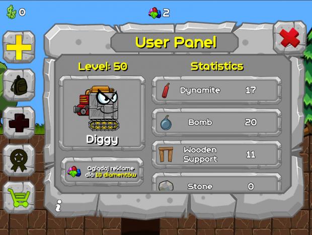 Digger Machine - user panel with stats