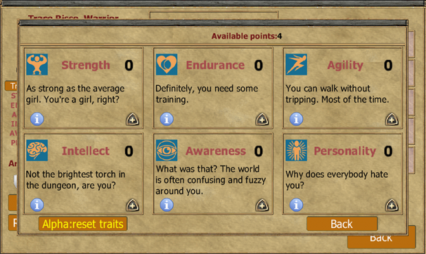 character sheet and trait effects