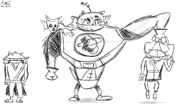 Concept Art of Captain Kaboom, Pichel, Roger and Matushi.