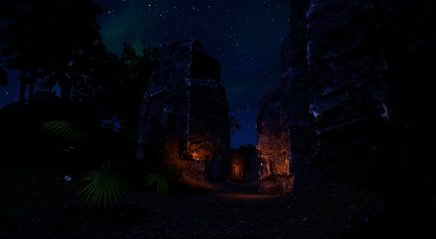 Pathway through jungle at night