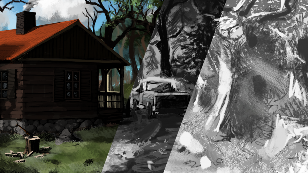 Early concept and final assets for cabin in the woods