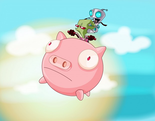 Zim and GIR on a flyable piggy