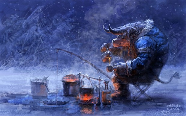 Tauren Bud relaxes with style when ice fishing  Prop  in Winter zone above Orgri