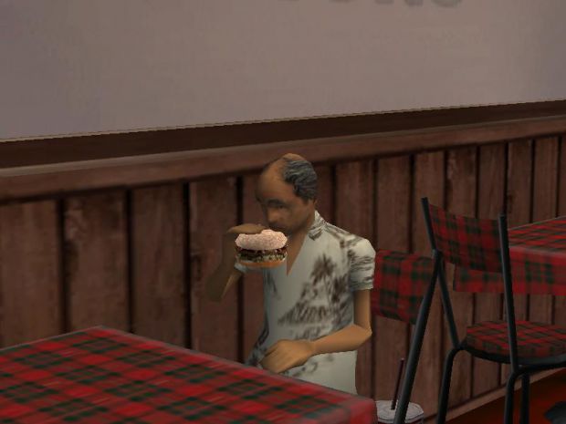 A guy eating at burger shot in San Fierro