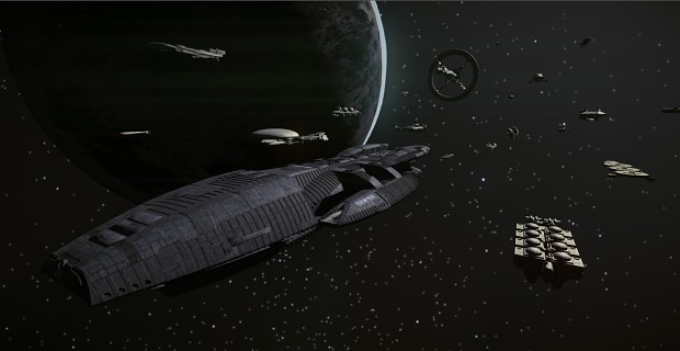 Battlestar Galactica fleet orbiting