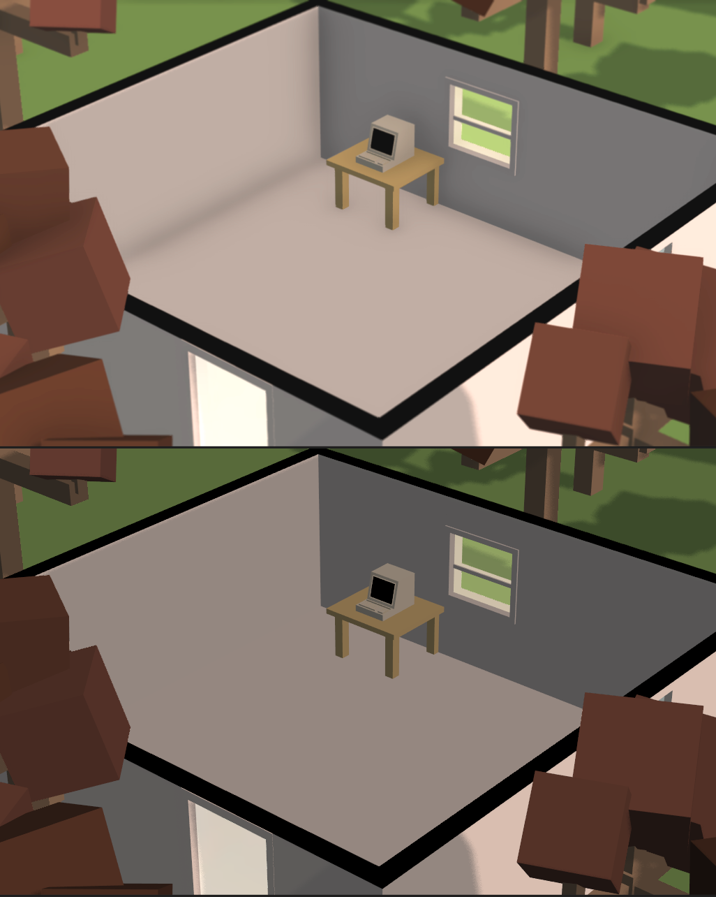 This picture shows how important ambient occlusion is. In the bottom picture it’s hard to tell where the wall stops and the floor begins.