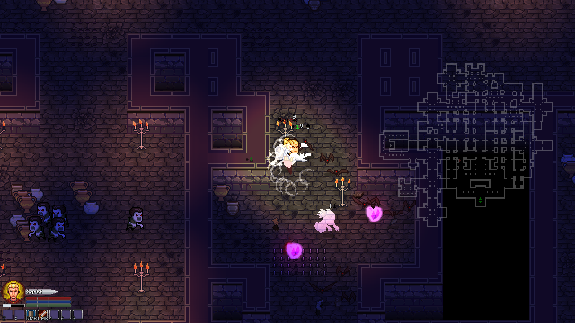 In-game dungeon, with the minimap showing the generated layout