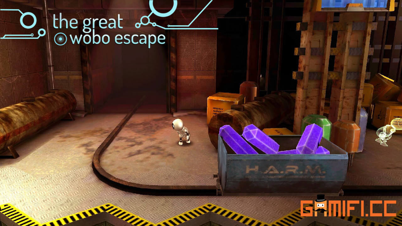 Level 2 in The Great Wobo Escape - Wobo is safely avoiding a mining cart riding dangerously close