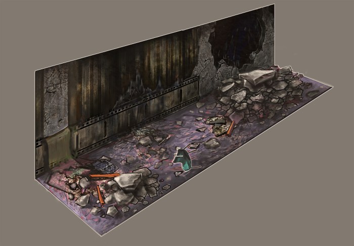 Concept art for the apartment level. This displays the extent of damage following the destruction of the level.