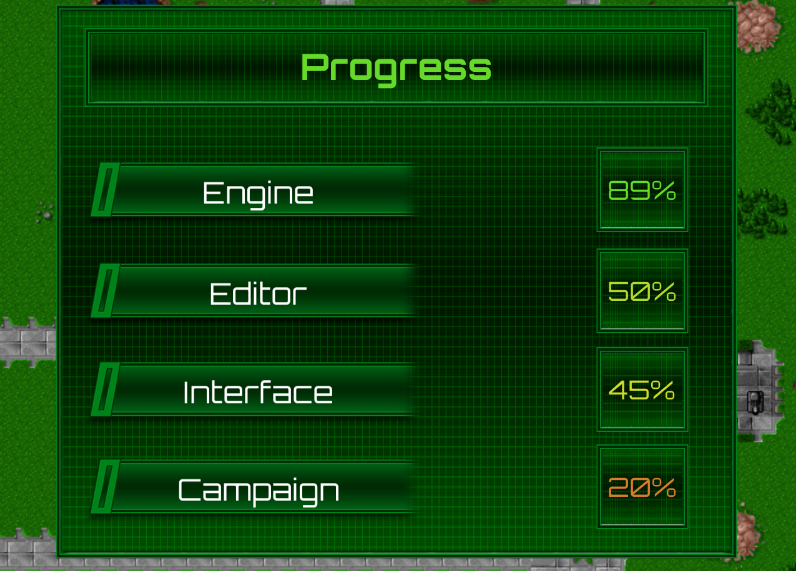 Progress: Engine 89%, Editor 50%, Interface 45%, Campaign 20%