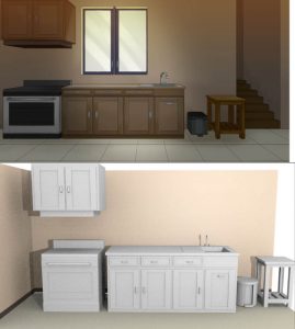 Converting objects to 3d models, above is the old kitchen background picture, below is the 3d objects from the kitchen.