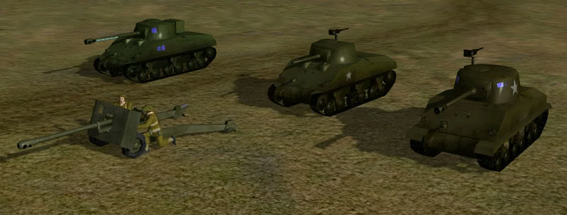 Sherman Firefly, M4A4 Sherman, M4A3 Upgunned 76mm Sherman, and 17 Pounder Anti-Tank gun.