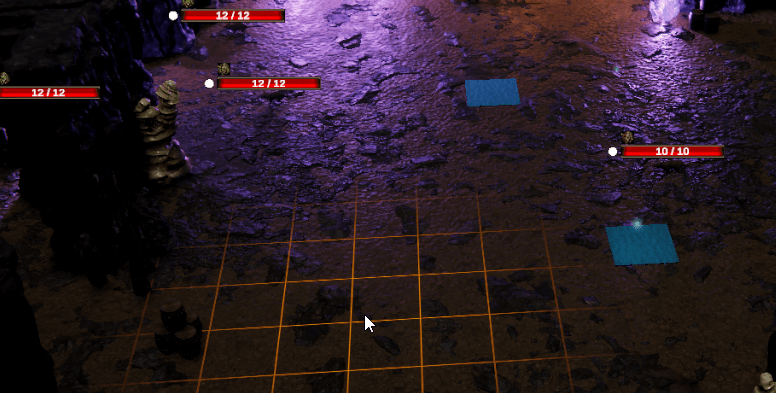 Screenshot from Unity showing a grid shader on a dark cave floor