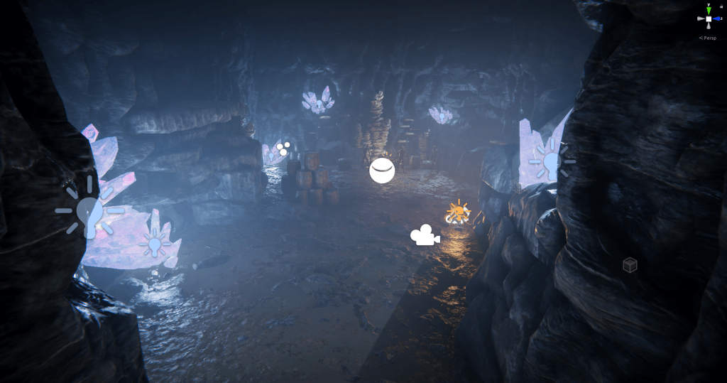 Screenshot from Unity showing asset placeholders in a dark cave room