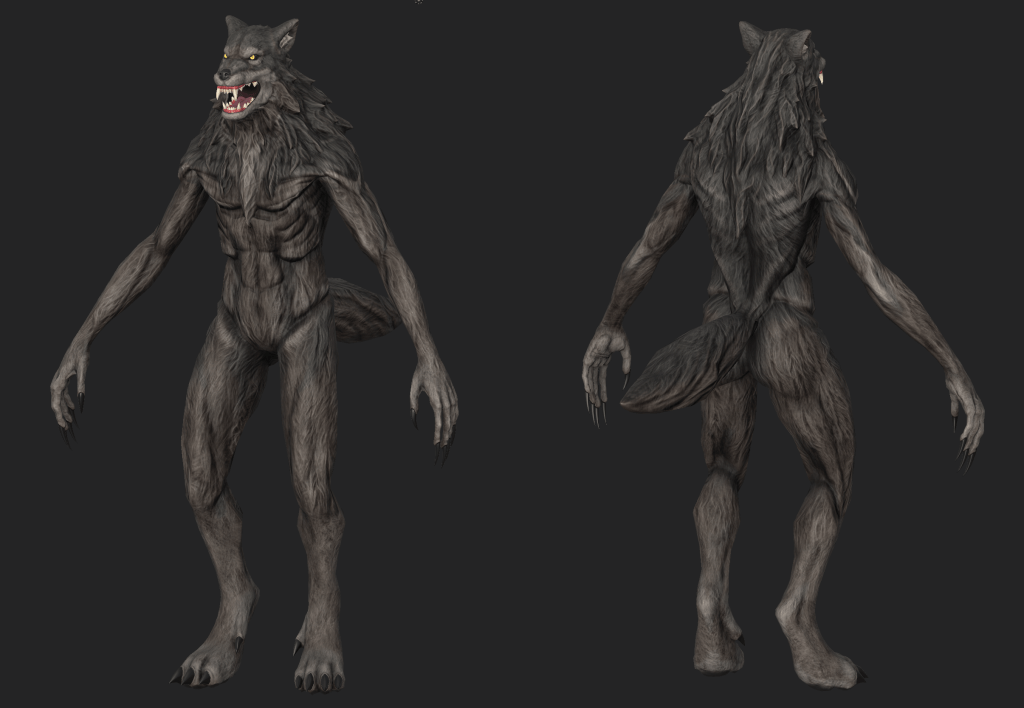 Back and front of a 3D sculpt of a Wolvajin model with brown fur