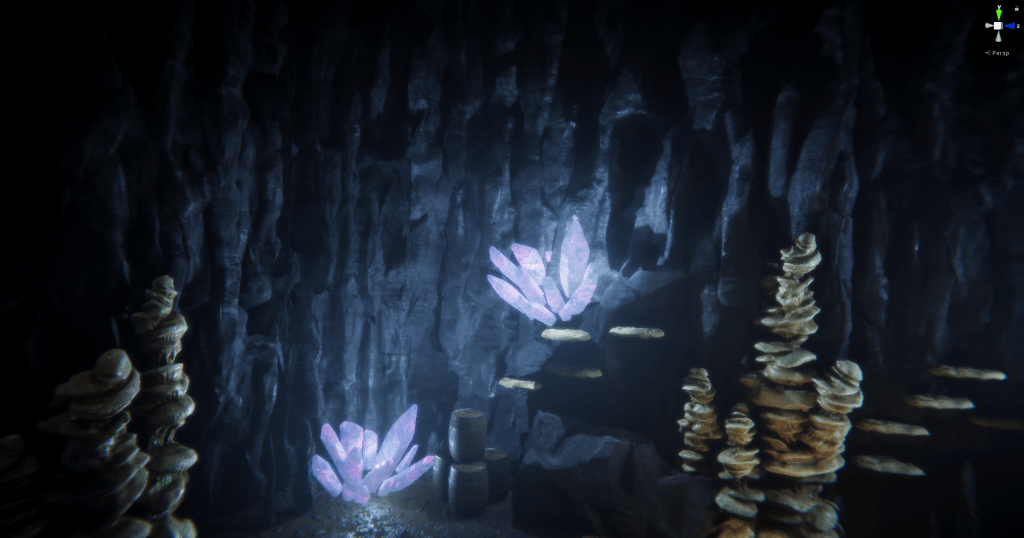 Screenshot from Unity showing a dark cave dungeon with blue glowing crystals