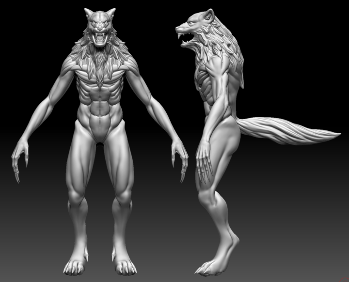 Front and side screenshot of a completed Wolvajin 3D sculpt