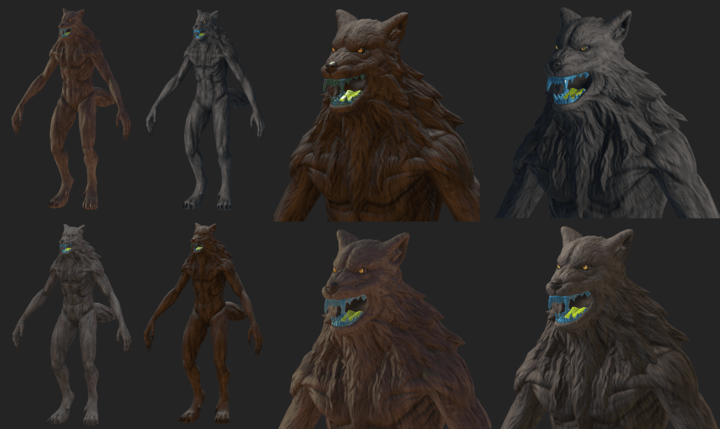 Several small screenshots of a Wolvajin model under different light sources