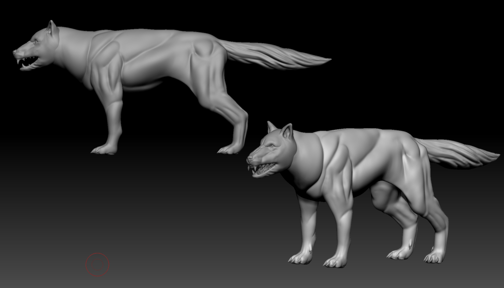 Two black and white 3D models of wolves in ZBrush