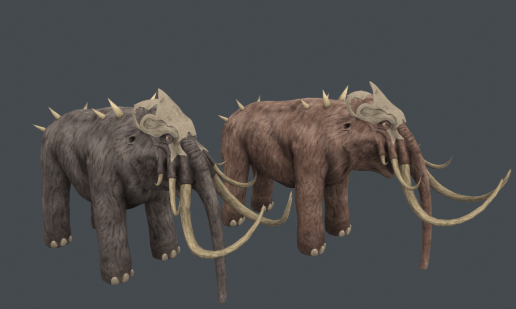 Two 3D models of Mammoths with 6 tusks and spikes on their backs