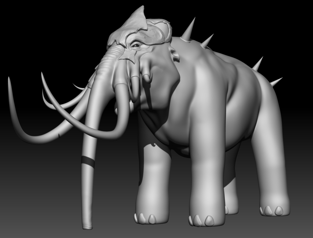 Black and white 3D sculpt of a Mammoth in ZBrush