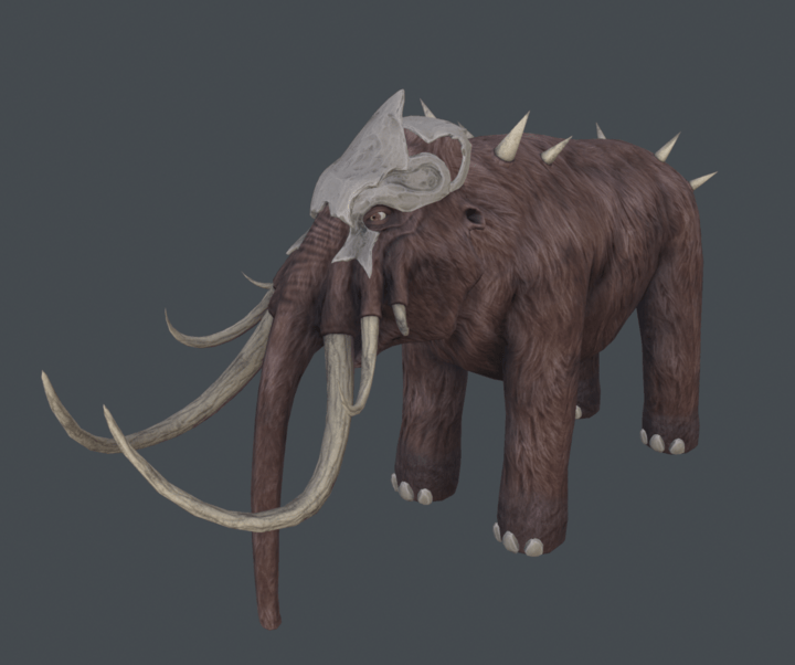 A fully textured 3D Mammoth with brown fur, six tusks, spikes on its back and a decorative headpiece made of bone