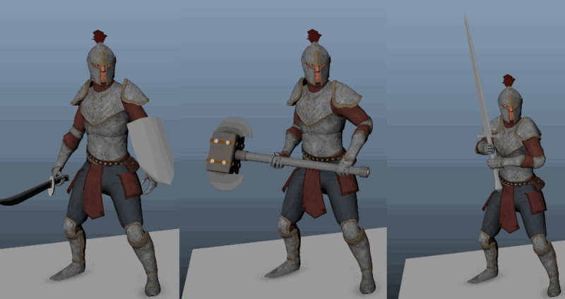 GIF showing 3 Knight idles in Maya. In each one, they're holding a different a weapon