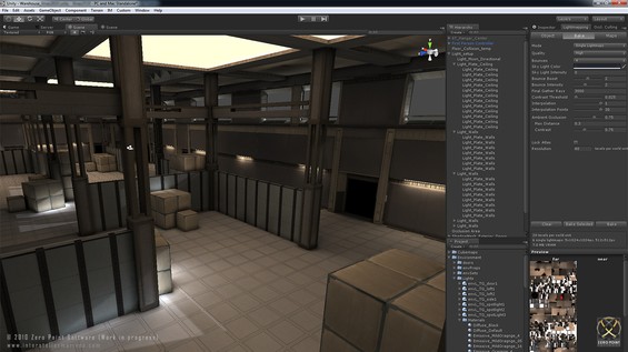 Early dump of our first attempts at giving the lightmapper in Unity 3.1 a run for its money. The lighting setup consists of 1 directional light with all secondary illumination achieved with emissive materials. The bake took approx. 3 hours (i7 Q720 1.6GHz) based on the bake-settings shown to the right.