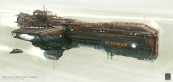 The AIV Kitty Hawk space carrier (Attack Insertion Vessel class) in one of its early concept iterations. Twin docking bays holds Megalodon class dropships on a 24-7-365 standby for deploying two Interstellar Marines fire-teams anywhere in the solar system!