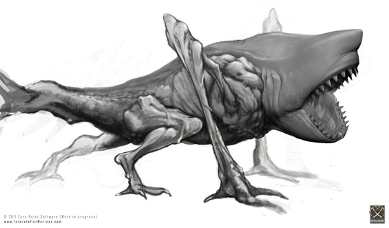 Back when our team included concept artists they could always play around with the shark creature concept, if e.g. idling. This iteration (we called it 