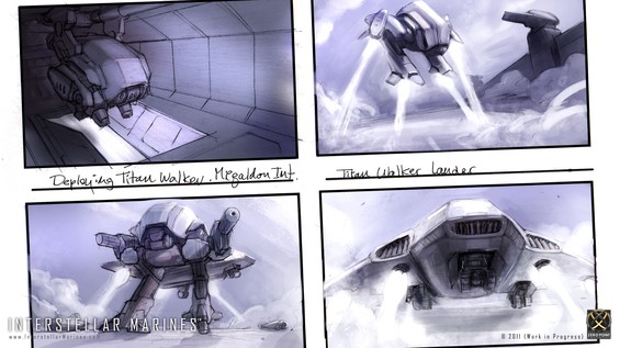 Another slice from our IM: Prologue storyboard; In most hot zones its standard ITO procedure to deploy a Titan Walker at three down and locked. Equipped with exposable landing jets the Titan Walker performs a quick LZ recognizances and provides support while the Megalodon dropship lands.