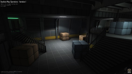 In this combat area (only area available in Iteration 1) I've tried to work with the space above and below a simple platform to allow room for the tension of not being able to see or hear everything from central positions.
