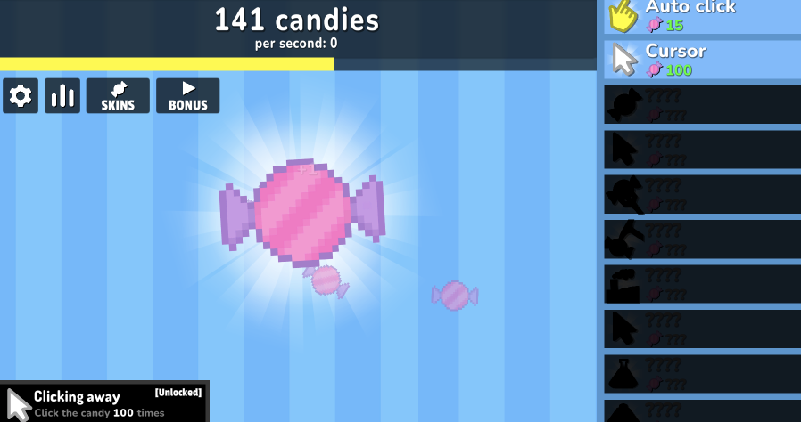 Main game interface in Cookie Clicker (left), and Candy Box 2 (right).