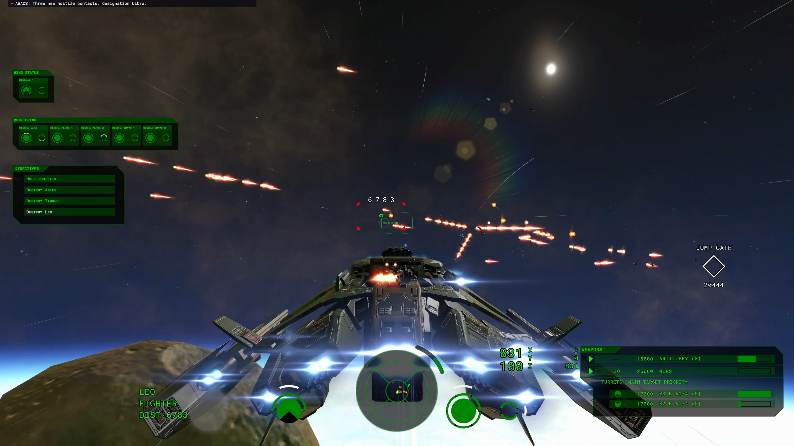 The player emerges from an asteroid field will the main battle rages on in the distance with visible weapons fire on both sides
