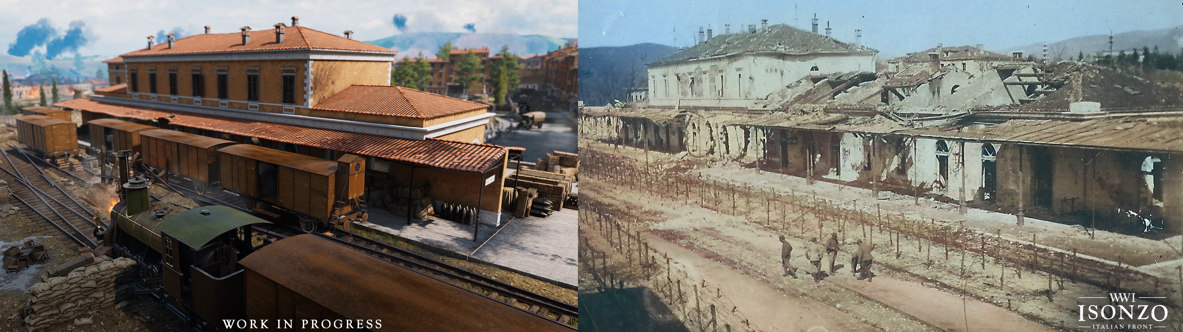 Comparison of the in-game train station to historical photo.