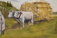 oxen with hay trailer