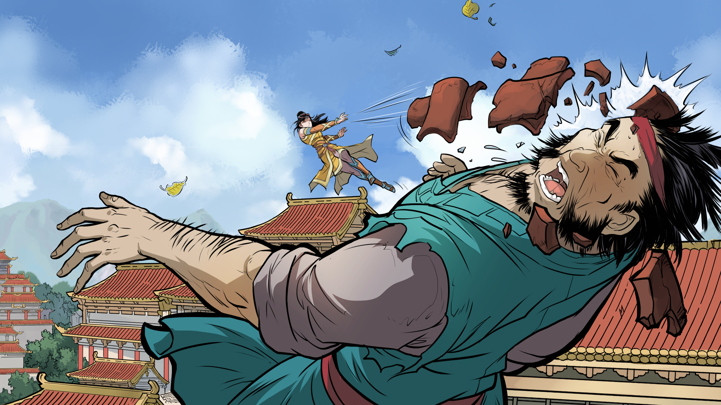 Shuyan makes an escape on the rooftops in the narrative story mode.