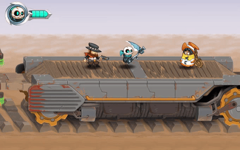 The heroes, chilling on a flatbed train cart.