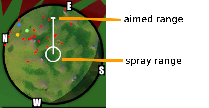 The minimap shows the range of aimed and spray attacks.